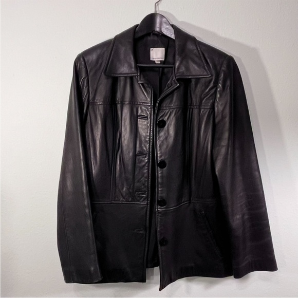 Women's anonymous Black Leather Jacket size Medium with buttons - Picture 2 of 14